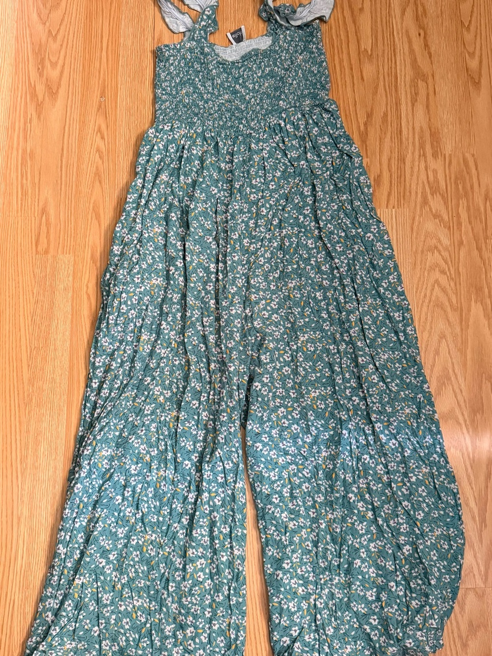 Pinkblush Teal Floral Smocked Wide-Leg Jumpsuit with Tie Straps